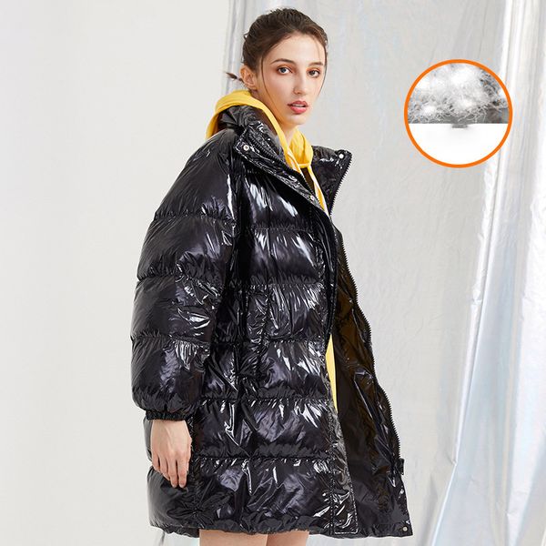 

2020 new winter down girls long section of thick glossy white duck down collar loose fashion coat wholesale spot, Black