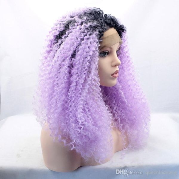 Light Putple Long Ombre Kinky Curly Wigs For Black Women Cosplay Synthetic Lace Front Wig Heat Resistant Wigs Dark Root Purple Ombre Hair Lace Wigs Uk