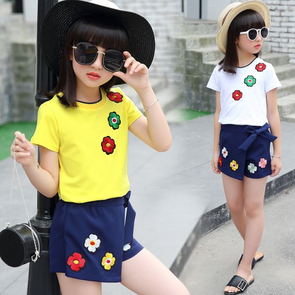 

girls sets clothing kid toddler boutique outfits girls summer clothes children floral t shirt + shorts 2 to 13 years t200526, White