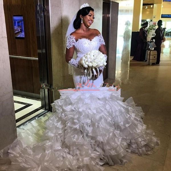

organza tiered ruffle mermaid wedding dresses lace long sleeve sheer african bridal gown train plus size south african bride dress 454, White