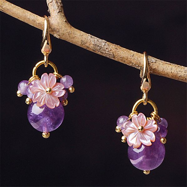 

fashion beauty handmade jewelry earrings 24 k purple crystal beads carved shell flowers earrings fashion jewelry, Silver