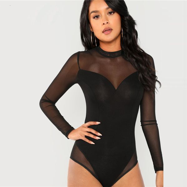 

black solid mock neck mesh panel skinny bodysuit women autumn long sleeve office female basic night out bodysuits, Black;white