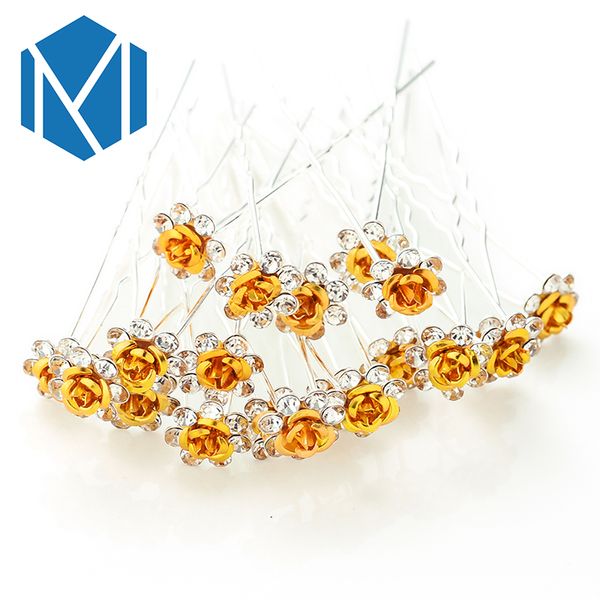 

m mism  pcs bridal rhinestone exquisite rose flower hair pins girls wedding shiny crystal bun maker tools hair accessories, Golden;white