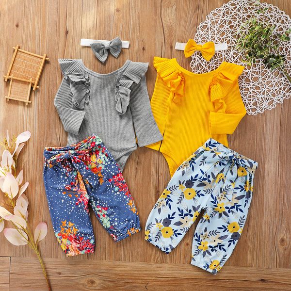 

newborn toddler girl clothes cotton solid ruffle romper+floral print pants+headband outfit roupa baby girl romper infantil menin, White