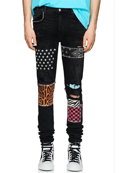 

New Brand Mens Designer Jeans Stars and Leopard Geometric Print Pencil Pants Rivet Holes Fashion Pants