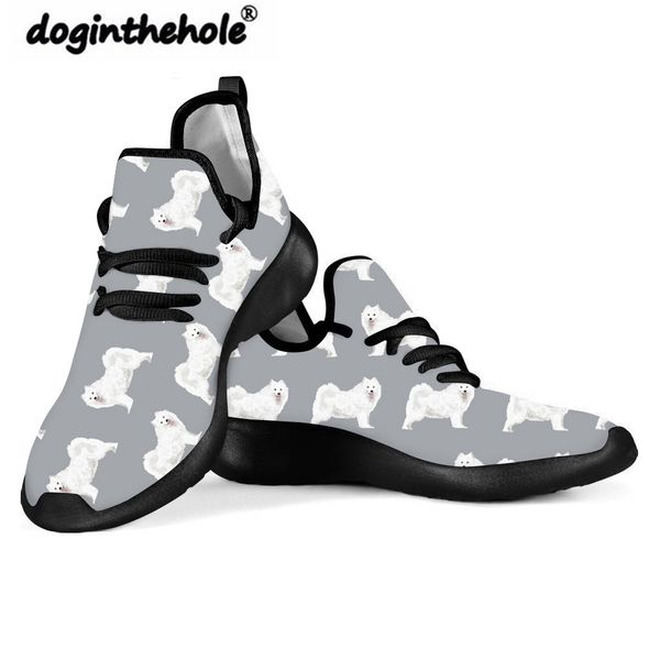 

doginthehole knitting sneakers for teenagers cute samoyed printing mesh shoes women flat shoes ladies lace-up running girl, Black