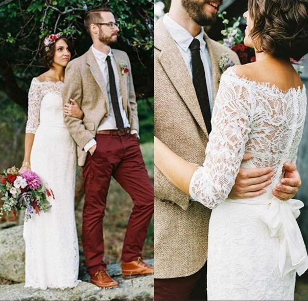 

romantic vintage lace wedding dresses off the shoulder country summer garden bridal gowns sweep train hippie wedding gowns 137, White