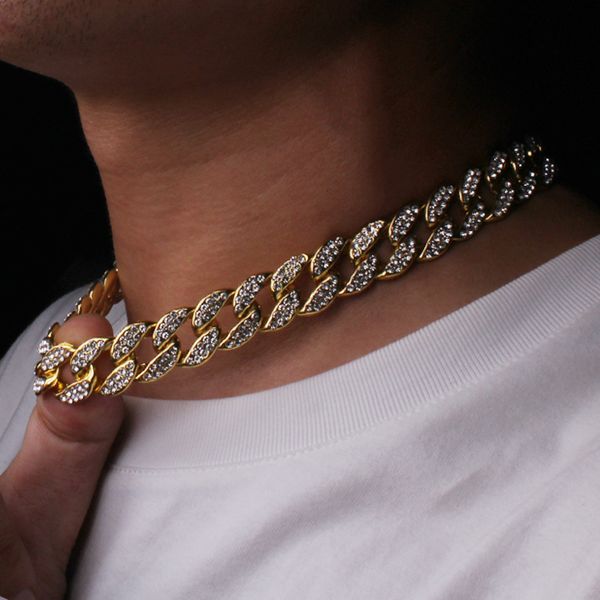 

hip hop iced out full diamond cuban chain necklace luxury jewelry mens domineering long gold chain, Silver