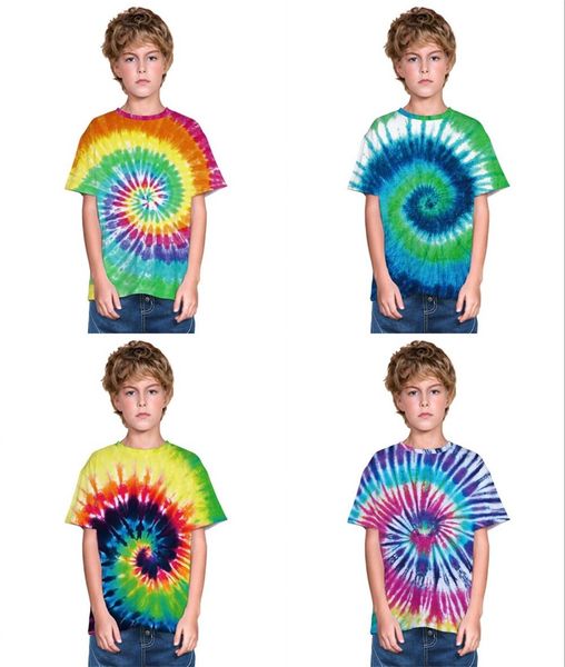 

boys and girls o-neck 3d digital print short sleeve tee colorful rainbow circle dyeing summer casual streetwear t-shirts, Blue