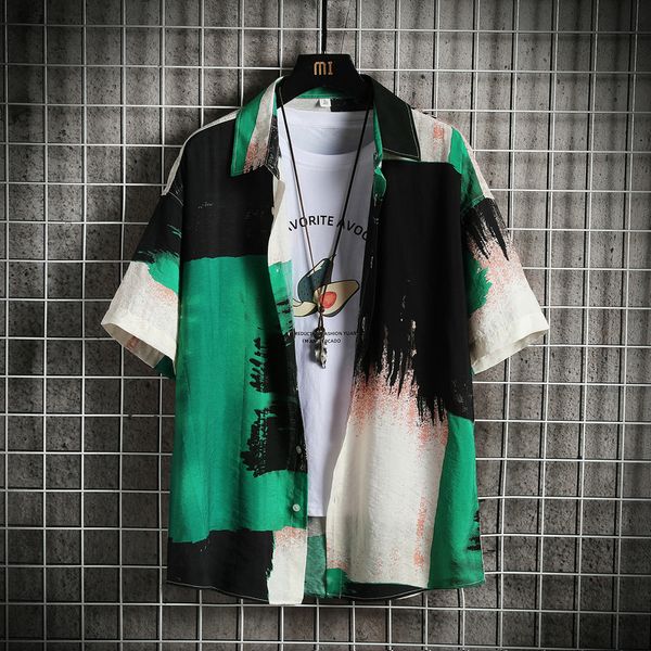

2020 bohemian style men in summer short sleeve shirts/male slim fit ice silk printed beach casual shirts size 3xl, White;black