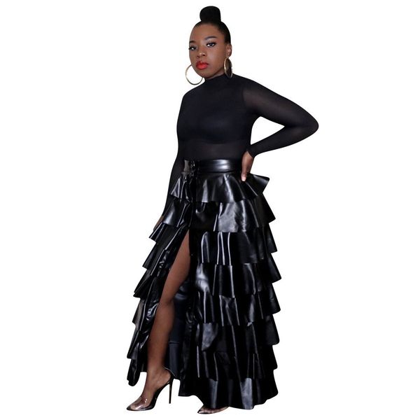 

gothic elegant button up pu leather skirts womens 2020 vintage high waisted long skirt layered ruffle maxi skirt jupe femme, Black