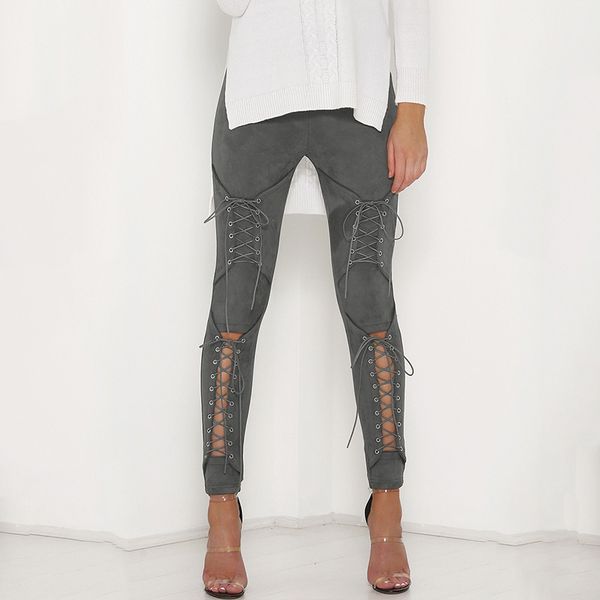 

autumn women lace up faux suede stretch bodycon pencil pants hollow out winter female high waist bandage pants, Black;white