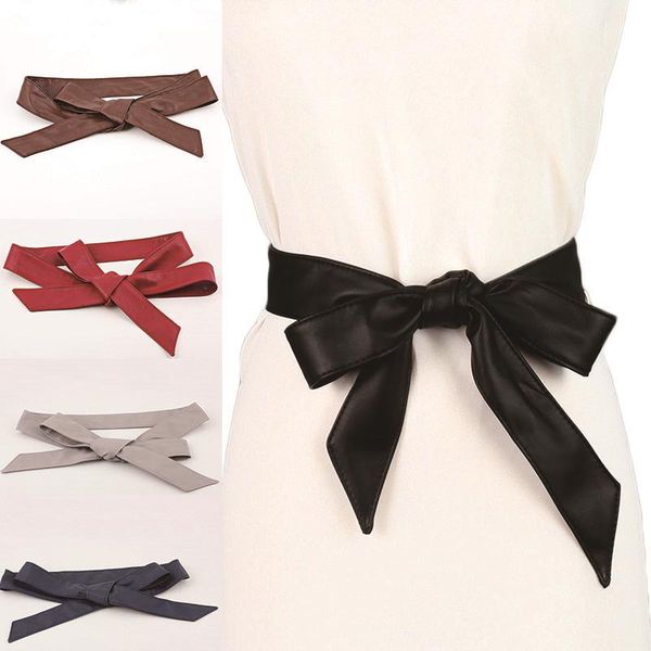 

women long strip belts lace-up bowknot pu leather female belts tie cummerbunds casual wedding mujer, Black;brown
