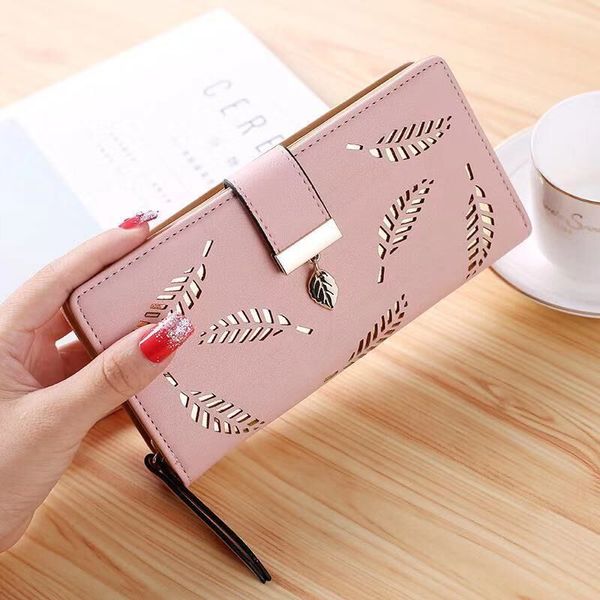 

fashion long pu leather folding wallet ladies large capacity black hollow leaves zipper buckle hand bag card package, Red;black