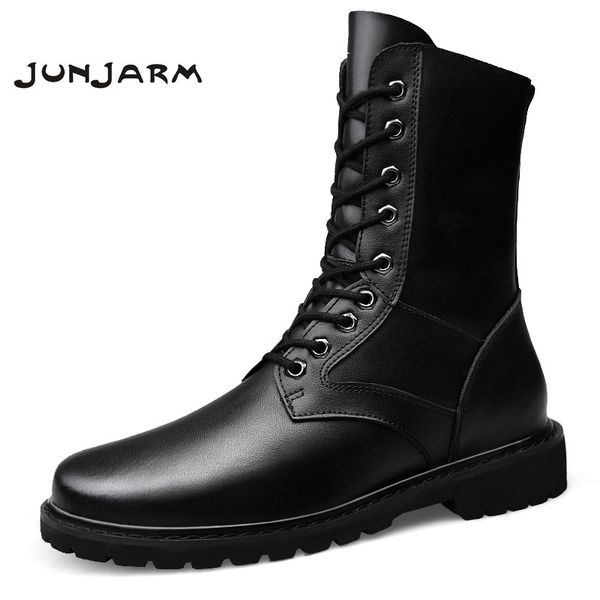 

junjarm genuine leather army ankle men boots mid-calf wear-resistant men boots winter size 38-46, Black