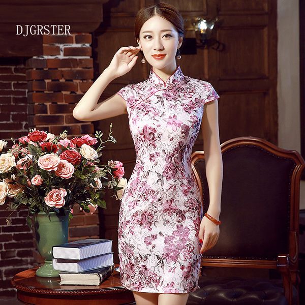 

djgrster fashion short sleeve short dress qipao dress vintage chinese style restoring cheongsam chinese traditional, Red