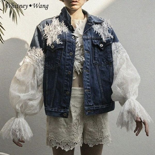 

whitney wang 2019 autumn fashion streetwear designer style lace patchwork denim jacket women stylish jean coat, Black;brown
