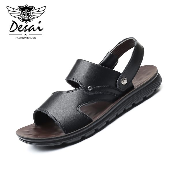

men's summer genuine leather sandals breathable hollow out casual slippers trendy beach shoes mens comfortable shoes, Black
