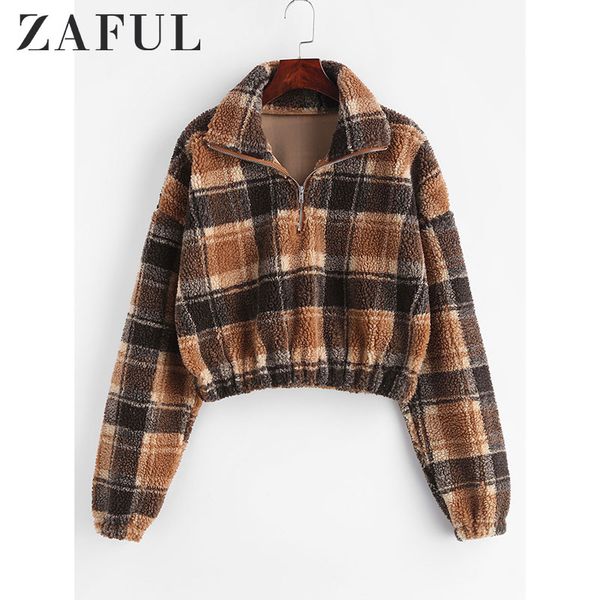 

zaful autumn winter fleece faux fur plaid hoodies women zipper loose casual sweatshirts female thicken warm soft plush pullover, Black;brown