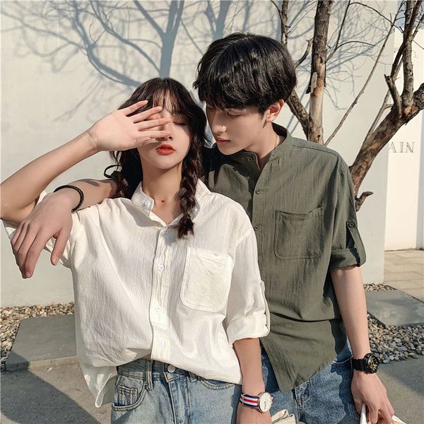 

2020 new spring korean trend couple harajuku loose japanese fresh and wild casual tooling short sleeve shirt cotton, White;black