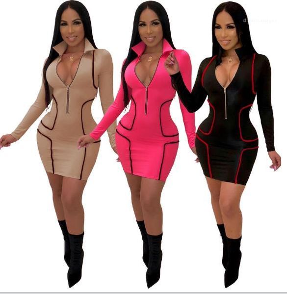 

zipper solid color designer pencil dress fit skinny dress women deep v bodycon dresses front, Black;gray