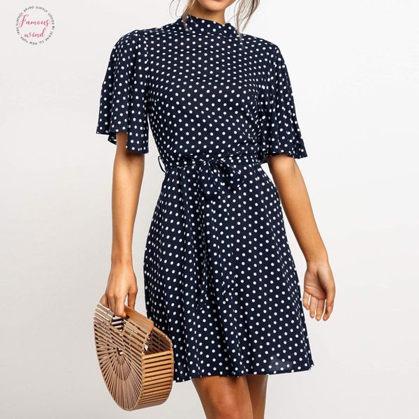 

polka dot flutter sleeve stand collar dress women casual short sleeve sashes printed dress lady elegant office mini dress, Black;gray