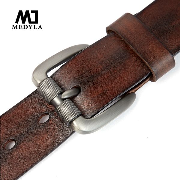 

medyla men's belt vegetable tanned layer leather belt pin buckle washed retro denim pants, Black;brown