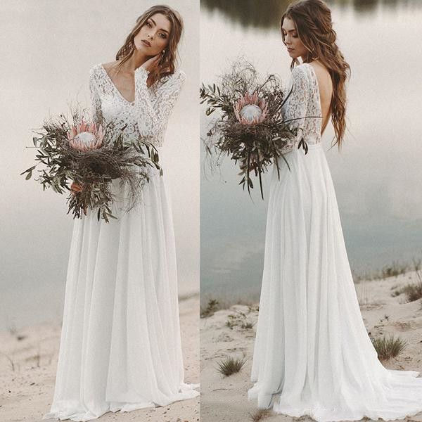 

summer beach country wedding dress 2019 a-line chiffon lace v back with long sleeve draped backless bridal gown illusion sweep train, White