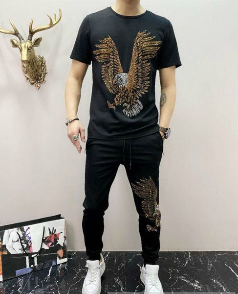 

summer european new fashion brand heavy industry stamping eagle wings men's short sleeve leisure tracksuit fashion personality suit, Gray