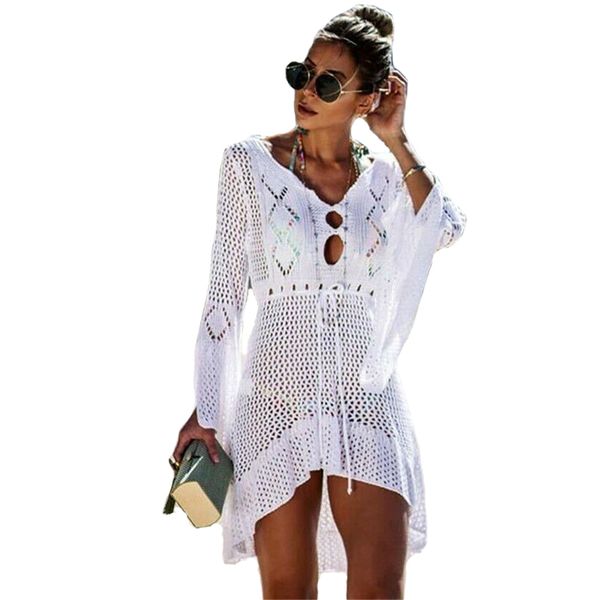 

meihuida fashion women bathing suit lace crochet bikini cover up swimwear summer loose v neck beach dress, Blue;gray