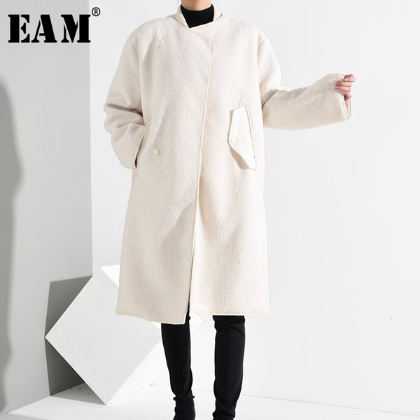 

eam] loose fit white biref long big size woolen coat parkas new stand collar long sleeve women fashion autumn winter 2020 a736, Black