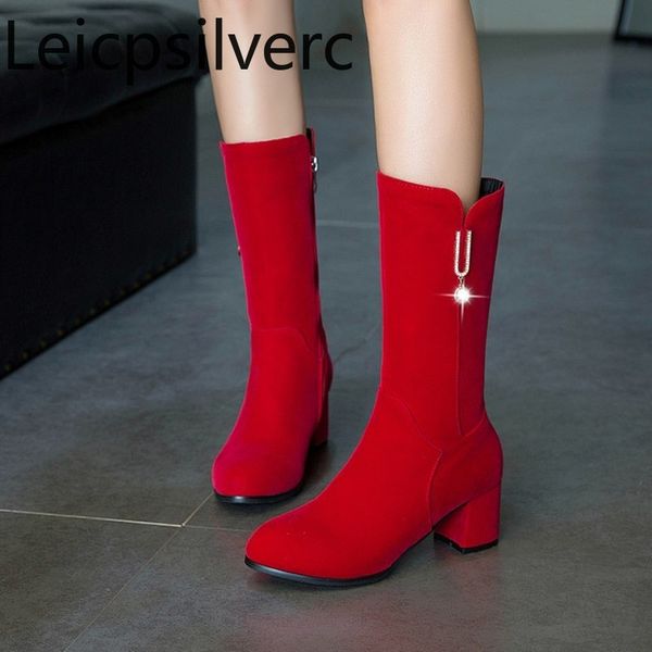 

autumn and winter new fashion round head zipper metal decoration thick heel mid heel middle tube women's boots plus size 32-45, Black