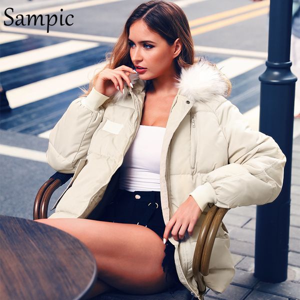 

sampic winter standing collar loose solid white oversize duck down jacket women long casual down coat 2019, Black