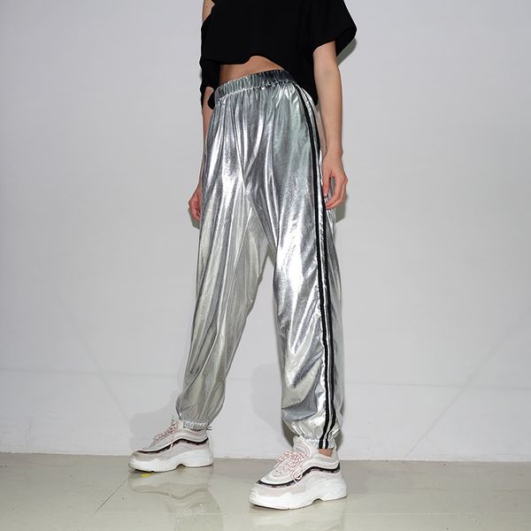 

women sports pants side striped silver leather pants brand new 2020 ladies casual elastic waist long trouser sliver shiny, Black;white