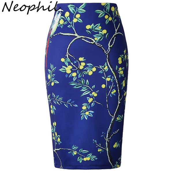 

neophil 2020 summer womens skirts bird lemon tree pattern print pencil midi high waist ladies office casual wear tube saia s0634, Black