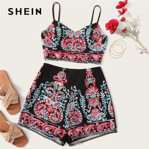 

shein multicolor embroidered mesh crop cami and shorts set two piece set women summer sleeveless bohemian two piece outfits, White