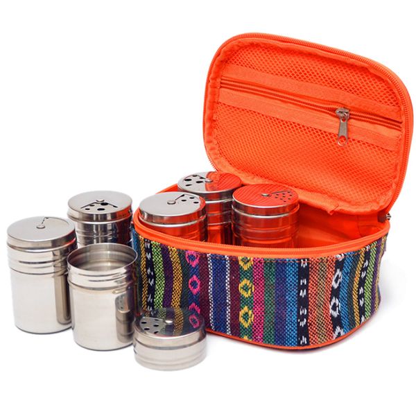 

storage bags 6pcs spice jar set cruet condiment stainless steel seasoning box salt pepper shakers camping outdoor bbq tool with bag