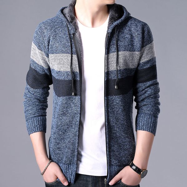 

winter men's stripe sweater coat fleece hooded full zip casual jackets thick long sleeve comfy knitted wool sweaters casual wear, White;black