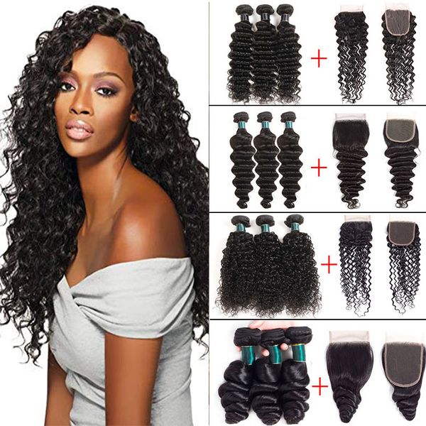 

9a deep wave human hair bundles with closure natural black 100% unprocessed brazilian human virgin hair 3 bundles with 4*4 lace closure