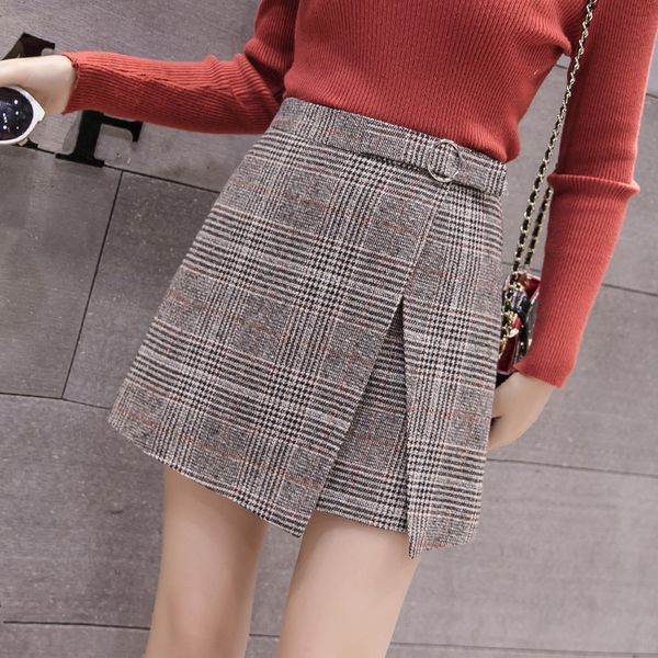 

woman skirt winter autumn basic split a line lolita bodycon high waist vintage petticoat lattice plaid skirt woolen chic clothes, Black