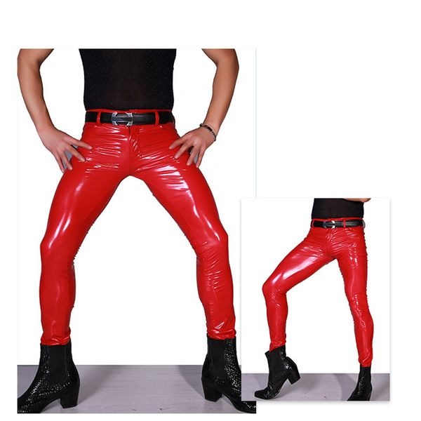 

men's pu leather pants imitation latex slim stage pants tight elastic zipper fashion cool motorcycle pant, Black