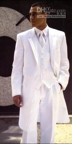 Branco Longo Casaco Noivo Smoking Groomaman Blazer Notch Lapel Vestido de Casamento dos homens Roupas de Baile Ternos de Negócios (Jaqueta + calça + gravata + colete) 2558
