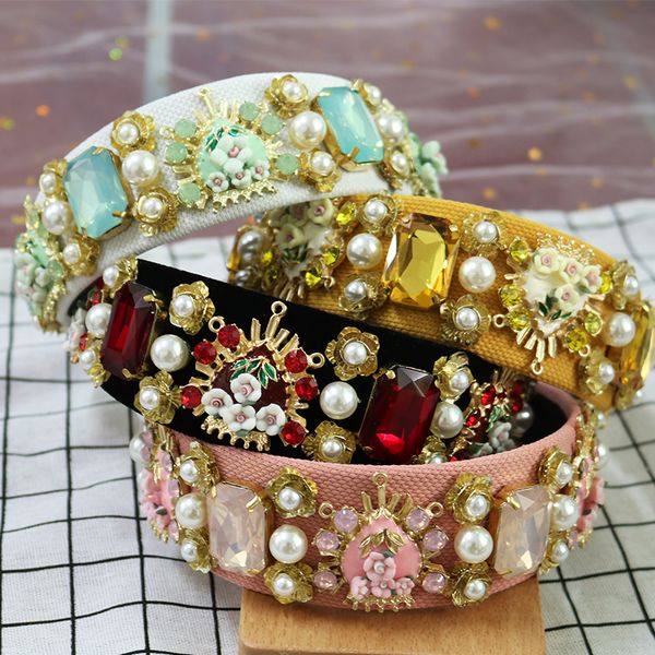

vintage baroque headband resin love multicolor crystal pearl tiara crown metal flower headdress wedding hair accessories jewelry, Golden;white