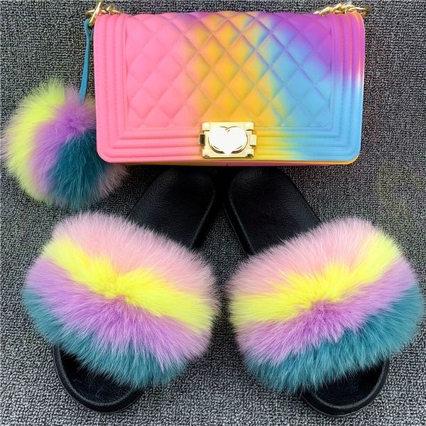 

ladies slippers bags hair ball sets real imported hair slippers balls pvc bags europe and america support wholesale, Black