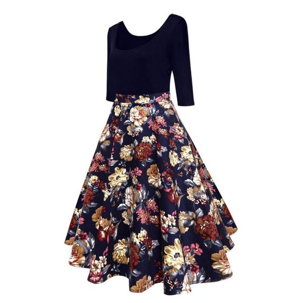 

12212 hepburn wind retro printed three-quarter-length sleeve splicing dress, Black;gray