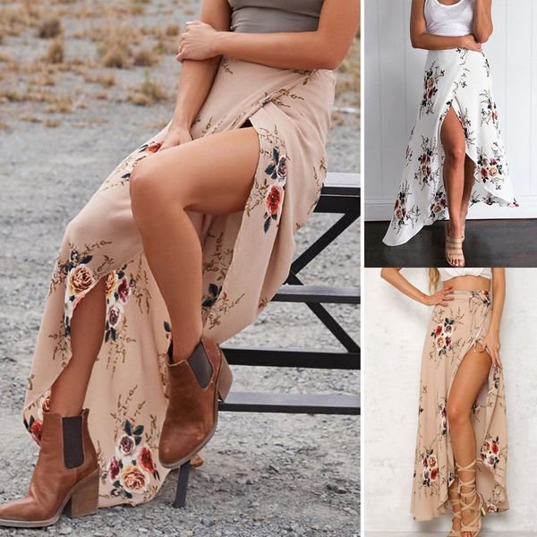 

women skirts chiffon floral high waist flared pleated long skirt summer beach casual women clothes, Black