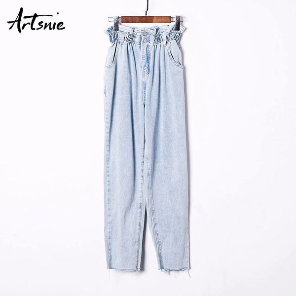 

artsnie elastic high waist denim pants women autumn 2019 streetwear casual pockets jeans long blue straight pants mujer