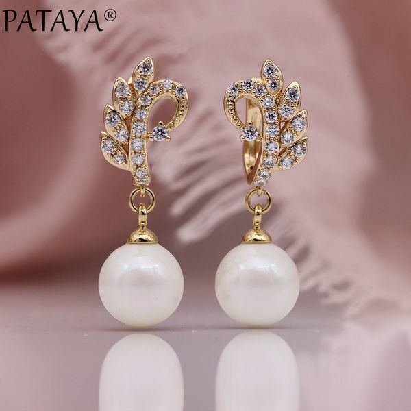

pataya new women long earring shell pearl dangle earrings 585 rose gold unique leaf wedding party natural zircon fashion jewelry, Silver