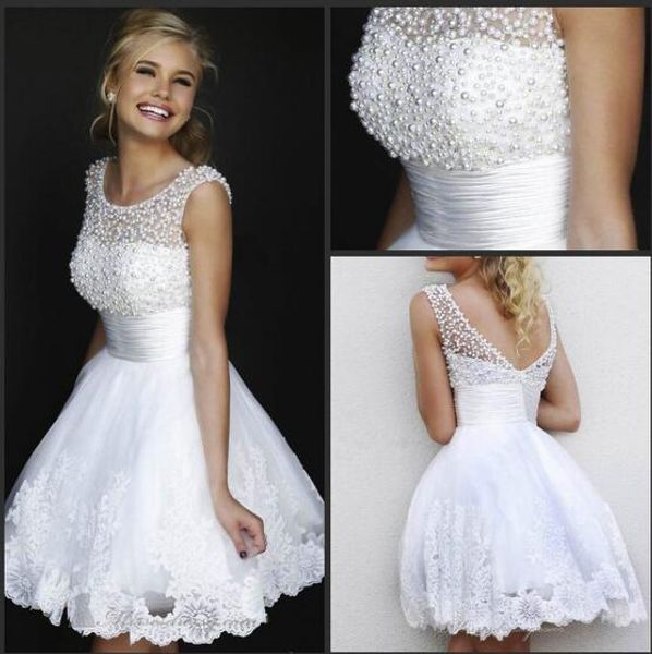 

little black short cocktail dresses for girls jewel sheer neck a-line short mini pearls lace juniors graduation dress prom evening gowns