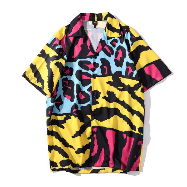 

men's shirt summer hawaii's short sleeve leopard stripes splicing print shirt male, White;black